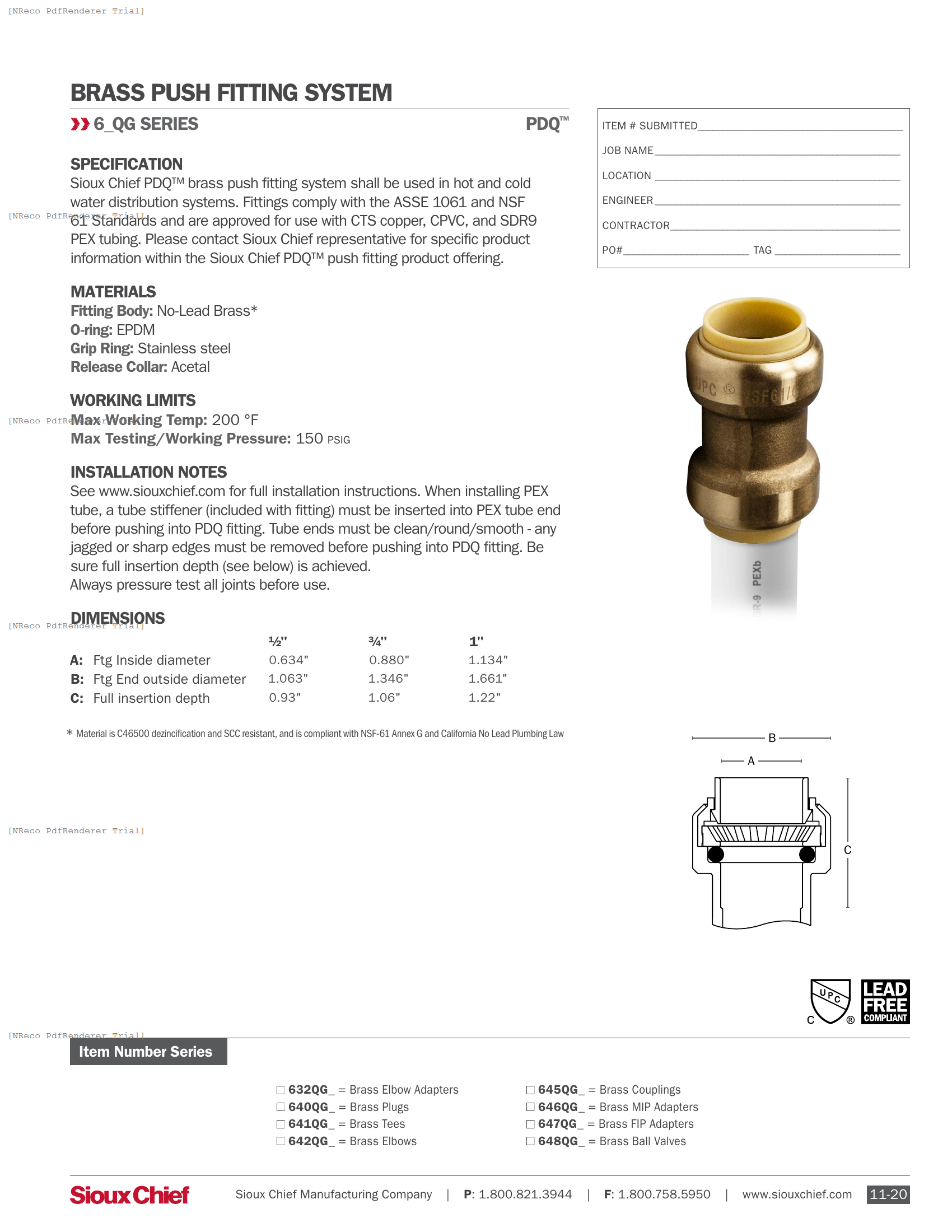 PDQ - BRASS PUSH FITTING SYSTEM - SPEC SHEET.PDF Specification Document